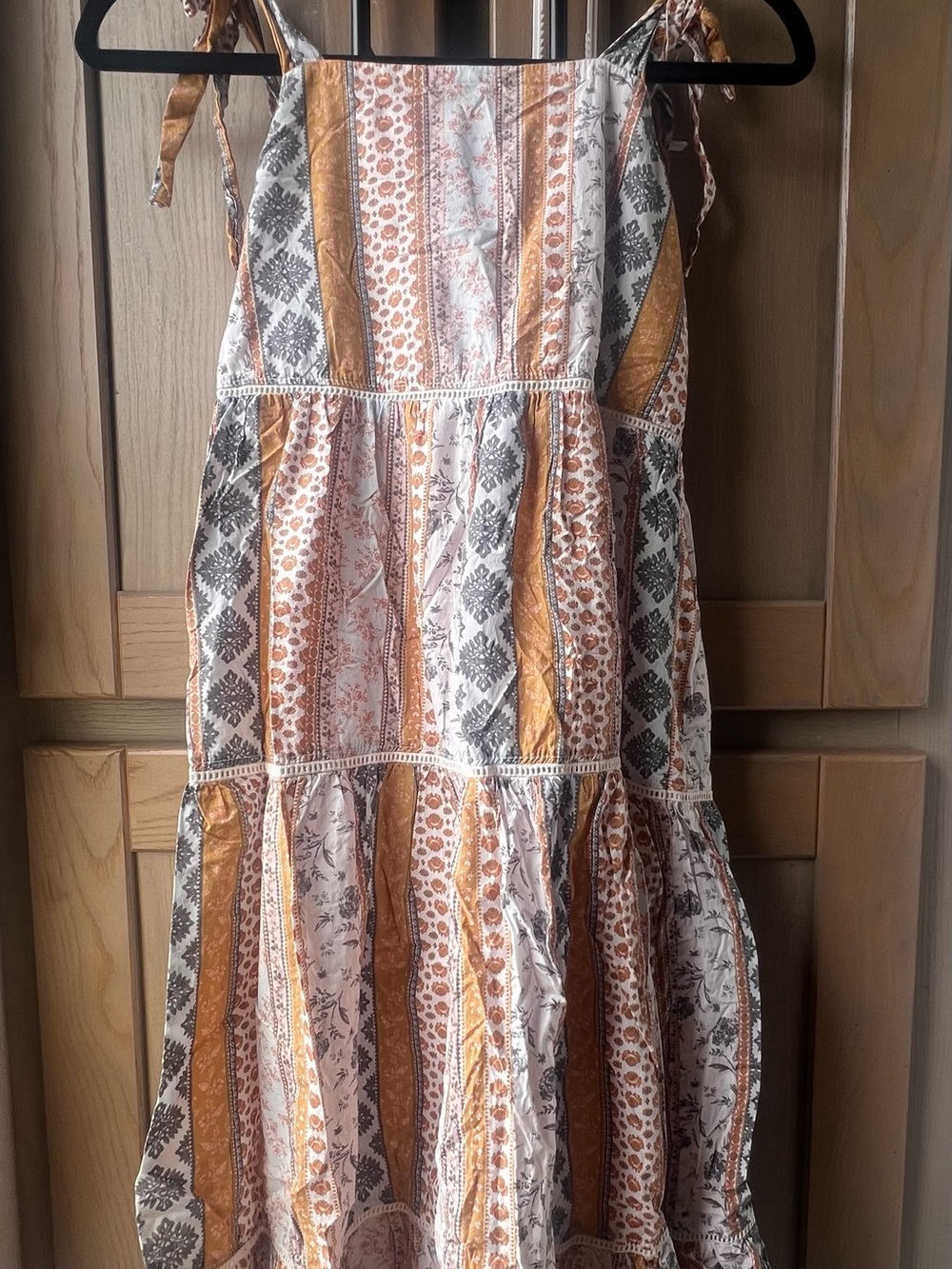 Lucky Brand Striped Patchwork Midi Dress in White, Gold, Brown Size XS